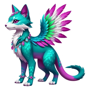 Kawaii cute colorful iridescent deep-dark-turquoise-green and magenta and white beautiful pretty elegant divine edgy feline-vernid-sergal-Fakémon-Pokémon-fursona-animal-creature with accessories, jewelries, full body, with intricate detailed markings, feathers, crystals sticker