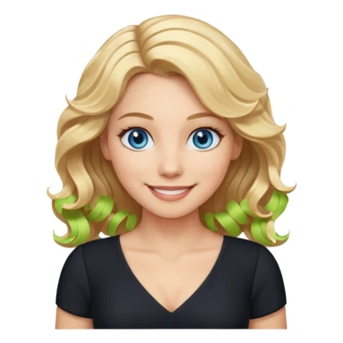 woman with blond wavy hair, tight black dress with a white line at the top, blue eyes, smiling sticker