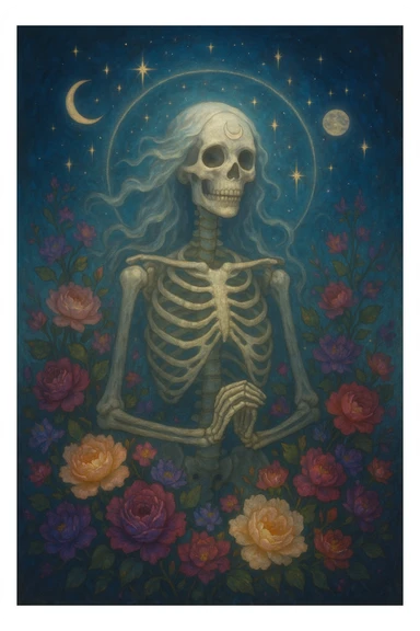 goddess skeleton, mystical, surrounded by flowers, delicate bones, celestial elements sticker