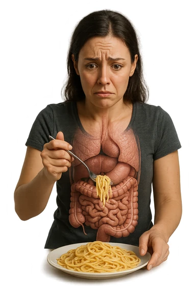 donna con  espressione ansiosa mentre mangia un piatto di pasta affamata, intestino anatomico visibile, iperrealistiche 4k sticker