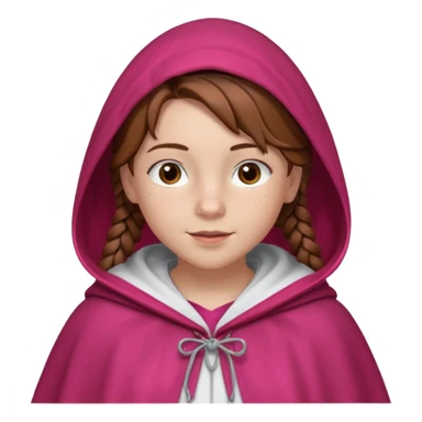 a 12 year old girl with fair skin, freckles, and brown hair done in French braids that come down to her breasts. she has a red hooded cape with the hood drawn. she has big, brown eyes and normal eyebrows. she has a pretty white t-shirt under her cloak. she has a warming smile with pale pink lips sticker