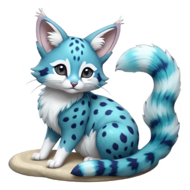 Hyper realistic  galaxy-swirl indigo-teal fur scattered with star-salt sparkle grains beautiful elegant pretty precious cute  Fakémon-Pokémon-opossum-feline-serval-caracal-chinchilla-Furret-Minccino-hybrid-creature with a big fluffy bushy tail (full body) sticker