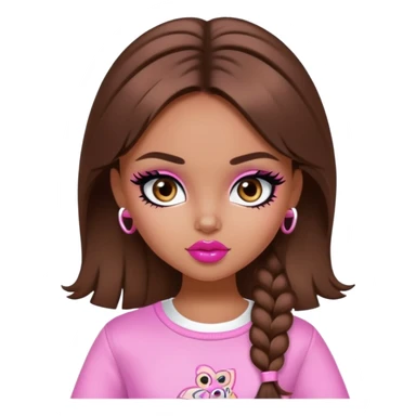 pretty bratz girl, brown hair, dark brown eyes, pink lips, black eyeliner, tan skin, cute y2k clothes sticker