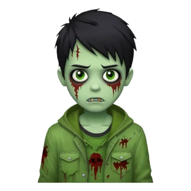 boy zombie with black hair, emo style, green skin, tattered clothes sticker