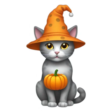 Grey cat with white spots wearing a pumpkin hat sticker