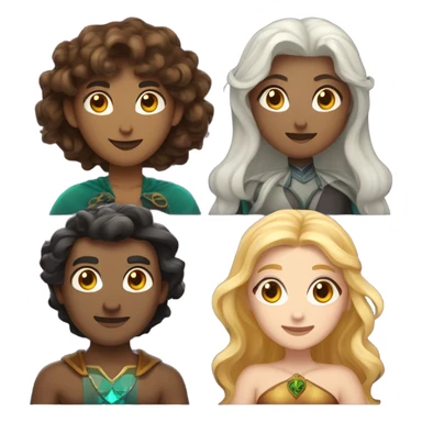 A female witch with light brown hair, a blonde female wizard, an Indian male merman, a female fairy with dark brown hair, shorter than the others, and a female siren with curly brown hair. sticker