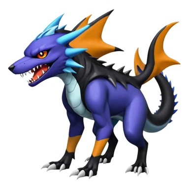 4-legged, digitigrade, clawed, furry finned sharp, cool, badass, angry, edgy Sergal-Sharpedo-Houndoom-Garchomp-Nargacuga-Vaporeon-fusion-hybrid-creature, full body sticker