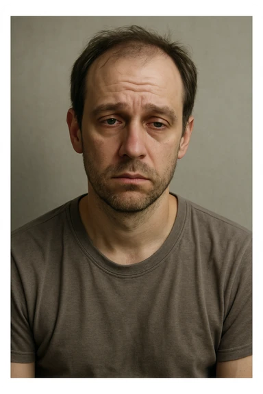 Un uomo caucasico di 35-45 anni, in CGI fotorealistico, che mostra i segni fisici ed emotivi di un basso livello di testosterone. sticker