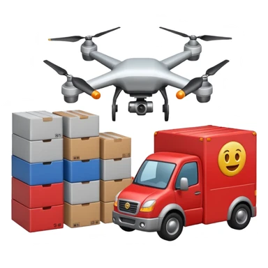 create a realistic emoji showing logistics in different ways. Maybe a car, a storage room, a place where everything is stored, drones and so on sticker