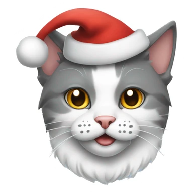 Gray and white cat with a Santa Claus hat sticker