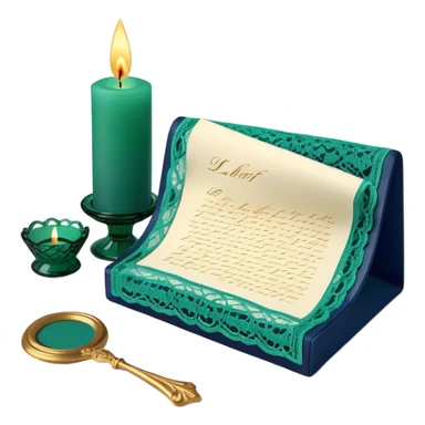 A nostalgic still life of a lace-adorned love letter in deep green, placed beside a vintage glass candle in navy blue. sticker