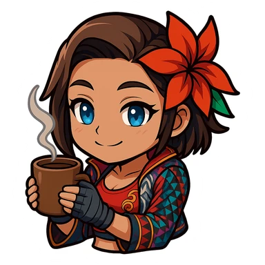 Azucena from Tekken 8 in chibi sticker style, holding a steaming mug, cozy expression, wearing the detailed red and patterned outfit from the reference images, designed for Twitch emote use. sticker