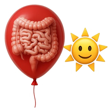 intestino umano anatomico chiuso in un palloncino rosso che simboleggia gonfiore, accanto un simbolo di sole stile emoji iphone che simboleggia "gonfiori di mattina", iperrealistico 4k sticker