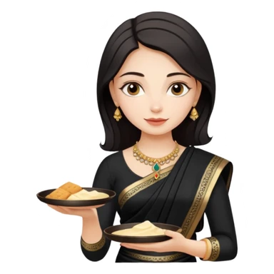 Russian girl in Indian black saree with full image from head to leg and holding a cream colour small tray in her both hands sticker