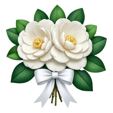 A bouquet of pure white camellias，with elegant white ribbon sticker