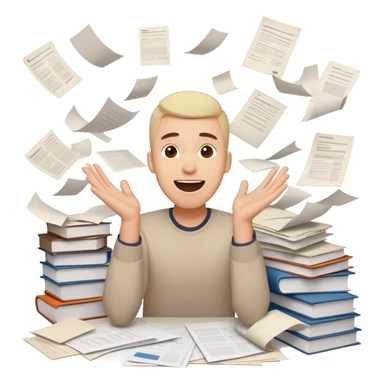 A person with a happy excited face but also looking stressed and overwhelmed, papers flying everywhere, surrounded by work items, half celebrating success and half panicking about deadlines sticker