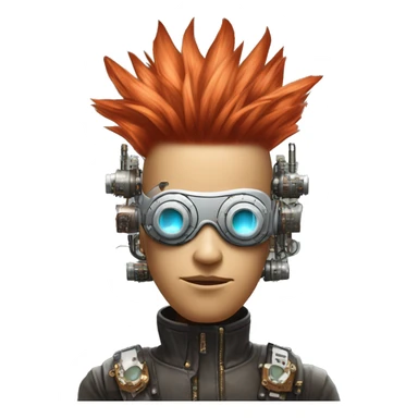 Light red Mohawk hair male cyborg head with white steampunk goggles and circuits sticker