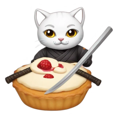 Ninja cat cuts pastry with  katana sticker