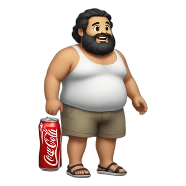 fat man in shorts and flip flops, black hair and beard holding a bottle of Coca-Cola sticker