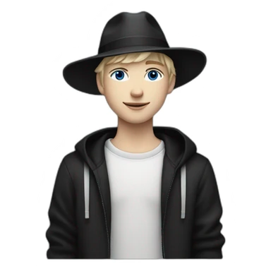 Smirking neutral white teenager, blue eyes, with short blond hair wearing a black fedora hat, and a black adidas long sleeve sweater sticker