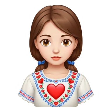 beautiful young girl with brown hair wearing a white Ukrainian embroidered shirt with a big heart design sticker
