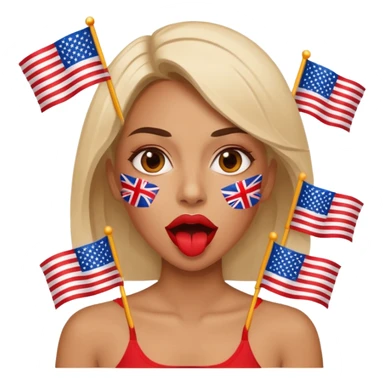 a woman is talking and the English and American flags are coming out sticker