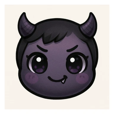 devil emoji in chibi style with gothic palette black and purple, tiny horns, cute but mischievous expression sticker