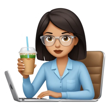 컴퓨터 작업 중 + 아이스 아메리카노(테이크아웃 잔)링거 + 다크서클 + 검은머리 여성 sticker