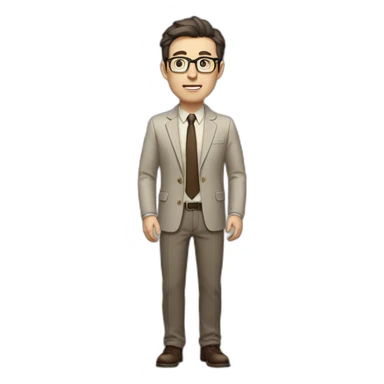Full height Gesticulating Pale skinned fit man with dark brown hair in gray jacket, beige office shirt, brown tie, brown pants and vintage glasses. sticker