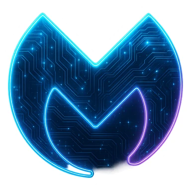 Transform the Malwarebytes logo into a cyberpunk, holographic style with glowing neon blue and pink edges, circuit patterns throughout the entire icon, and a transparent background. Maintain the recognizable Malwarebytes M shape and blue color, overlaying neon and circuit effects in the same futuristic, clean style as previous cyberpunk icons. The whole icon should have a consistent cyberpunk glow and intricate circuit details in a sleek, futuristic manner. sticker