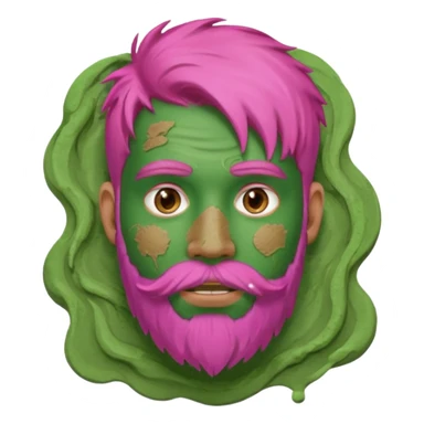 pink haired man with full full face dirty messy green clay mask and beard sticker