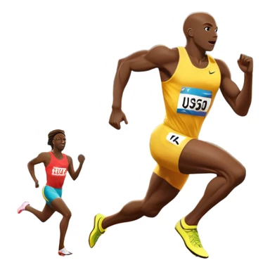 An icon depicting a sprinter in mid-run on a track, muscles tense with speed. The background shows a vibrant stadium filled with cheering fans, bright lights illuminating the track, and a clear sky above. The energy of the race and the thrill of competition are captured in motion.  sticker