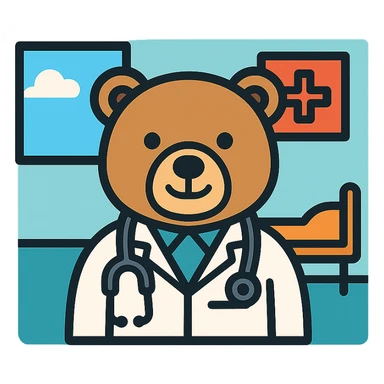 bear dressed as a doctor, stethoscope, friendly expression, in a hospital setting, color outline icon style sticker
