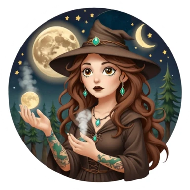 forest witch woman long wavy brown hair tattoos blowing moon dust sticker
