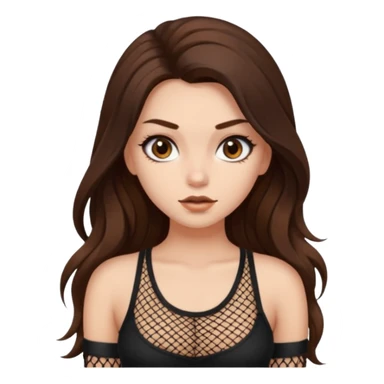 a pretty bratz fair girl with brown long hair styled well, looking like a baddie in a fishnet top and dark brown hair sticker