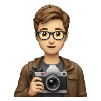 European film director with brown short hair holding a cinema camera sticker