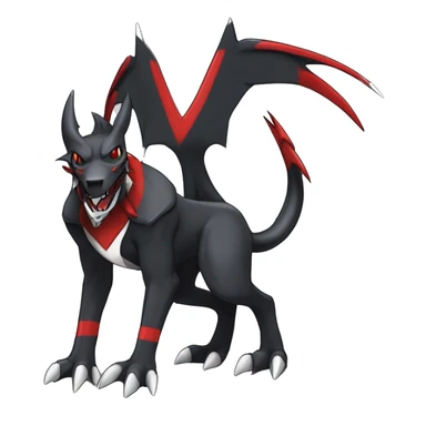 Black Cool Edgy Nargacuga-Houndoom-Garchomp Fakémon Digimon with Red and white Edgy markings, full body, outlined, sharp line Art sticker