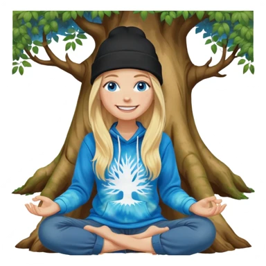 long haired blonde white woman wearing a black beanie and This woman should have blue eyes and a big smile and i want her to be sitting meditating next to a tree. she is wearing a tie dye hoodie  sticker
