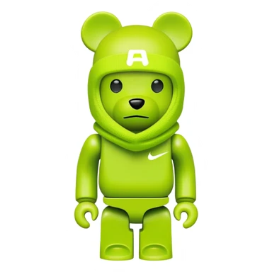 classic bearbrick toy with squared head, wearing a bright lime balaclava with Nike swoosh logo on it, pronounced eyebrows, blocky bear design sticker