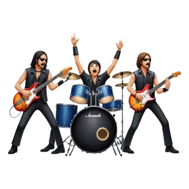 Icon for Heavy Metal Music: 4 men band on stage with electric guitars, drums and intense lighting. 3 guitarists and drummer, surrounded by energy and stage effects, capturing the power and intensity of a metal concert. Transparent background. sticker
