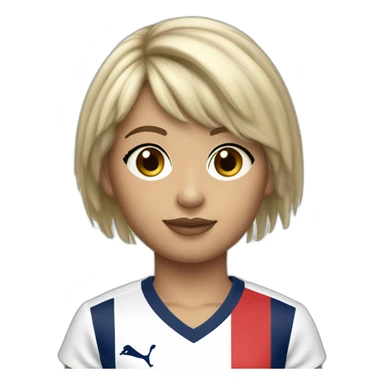 Tye and die blonde short hair fringe girl, grey eyes, a 1980 PSG jersey and a baguette sticker