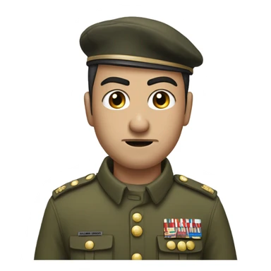 an angry young man with very short black mustache. short hair to right in army costume. white skin. eyebrows to down sticker
