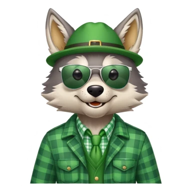 friendly anthropomorphised wolf in green plaid shirt and green attire for St. Patrick's Day, wearing dark sunglasses, festive pose sticker