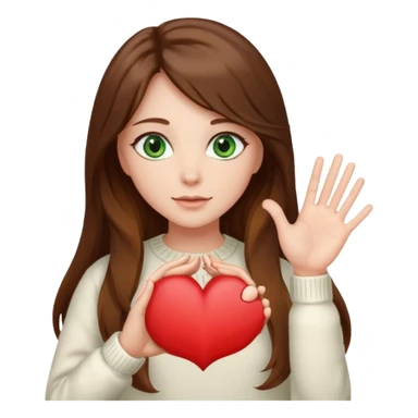 Girl green eyes brown long hair white warm sweater doing hands heart sticker