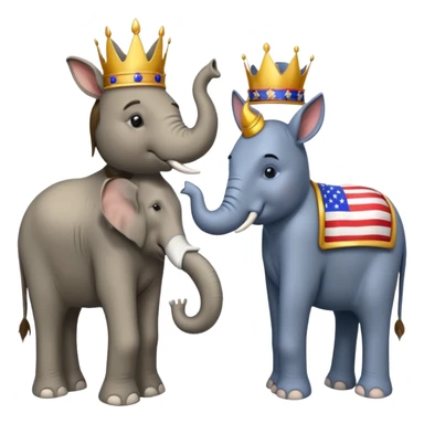 Democratic Party elephant facing Republican Party donkey with King Trump inbetween sticker