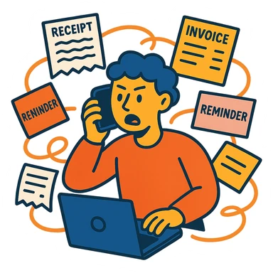 person holding a phone in one hand, laptop open in front, storm of receipts, invoices, and reminders swirling around, multitasking chaos sticker