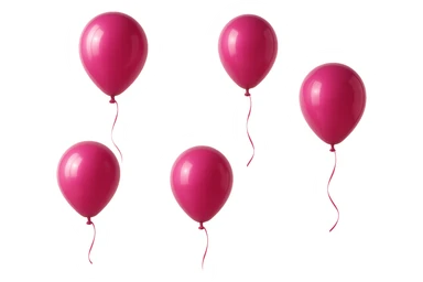 5 palloncini magenta fluttuano in aria isolati su sfondo bianco, iperrealistico 4k sticker