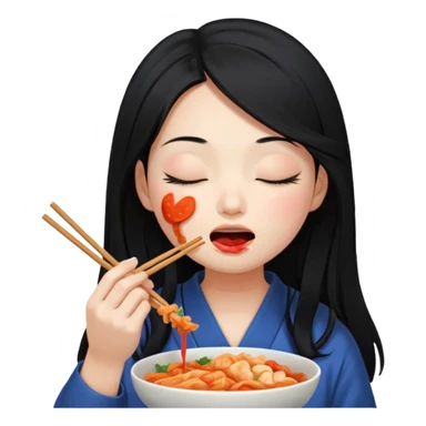 Girl with black long hair eat kimchi close eyes chopstick sticker