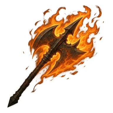 a fantasy halbert engulfed in flames, spiked back, large axe blade in front, dynamic pose, no background sticker