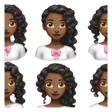 Young Black girl with long black hair and a white long sleeved top, pink bow in hair, white  crystal heart necklace, coquette  sticker